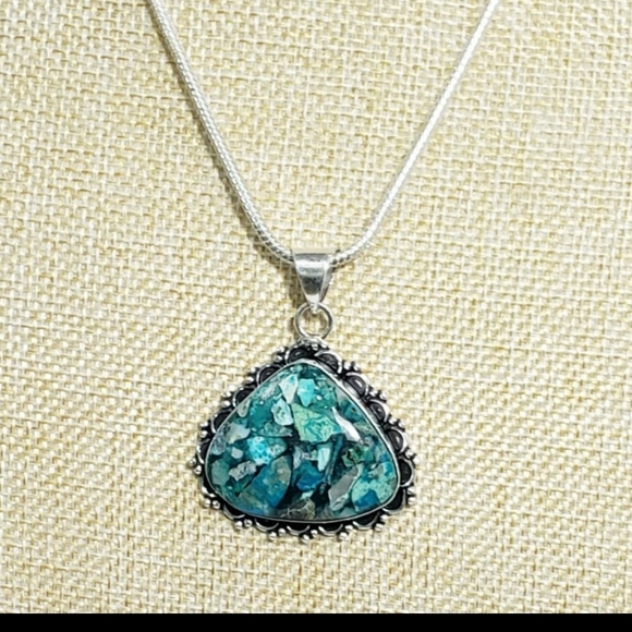 Chrysocolla necklace, 925 silver copper chrysocolla gemstone pendant necklace - Picture 3 of 11